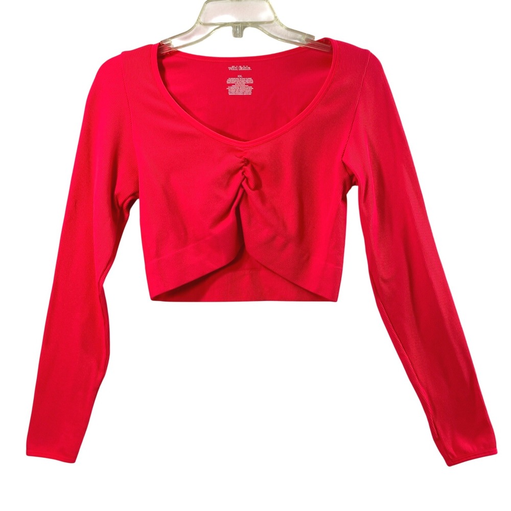 Wild Fable Womens XXL Neon Pink Ribbed V-Neck Ruched Long Sleeve Crop‎ Top Yoga
